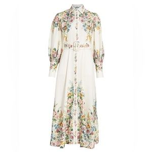 Women's Natural Wavelength Floral Puff-sleeve Belted Linen Maxi Shirtdress